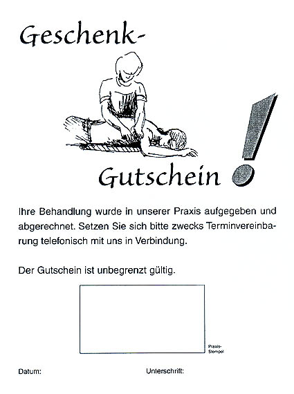 Gutschein der Krankengymnastik- u. Massagepraxis Dümpten · Lymphdrainage · Physiotherapie · Anette Leimbach · 45475 Mülheim