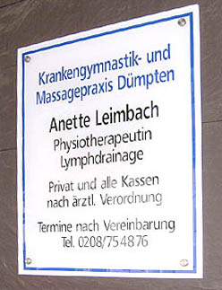 Paxisschild der Krankengymnastik- u. Massagepraxis Dümpten · Lymphdrainage · Physiotherapie · Anette Leimbach · 45475 Mülheim